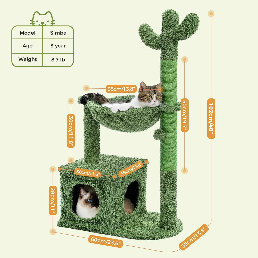Green cactus cat tree with hammock and two condo openings; size diagram shown