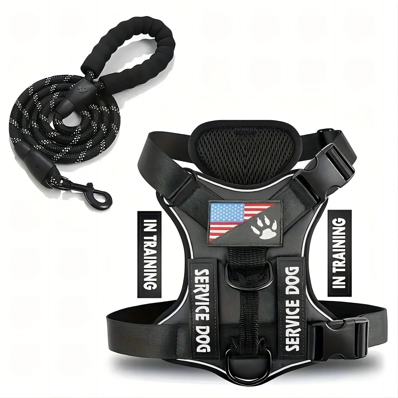 Black dog vest harness with star-and-stripe patch and black coiled leash rope