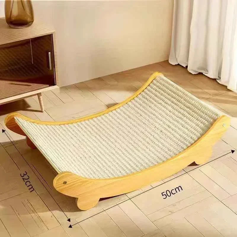 Wooden cat scratch bed, size L: 32x50cm curved wooden base and beige sisal surface