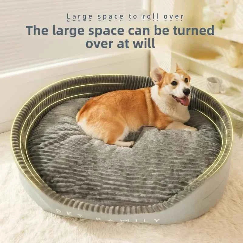 Round large dog bed with gray patterned cushion and light gray rim; dog lying on top