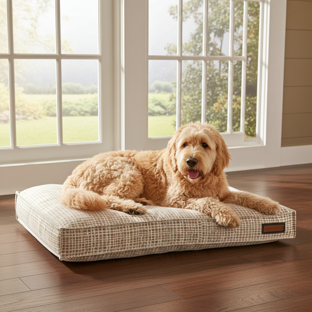 Round dog bed with beige grid cover, with a light-haired dog resting