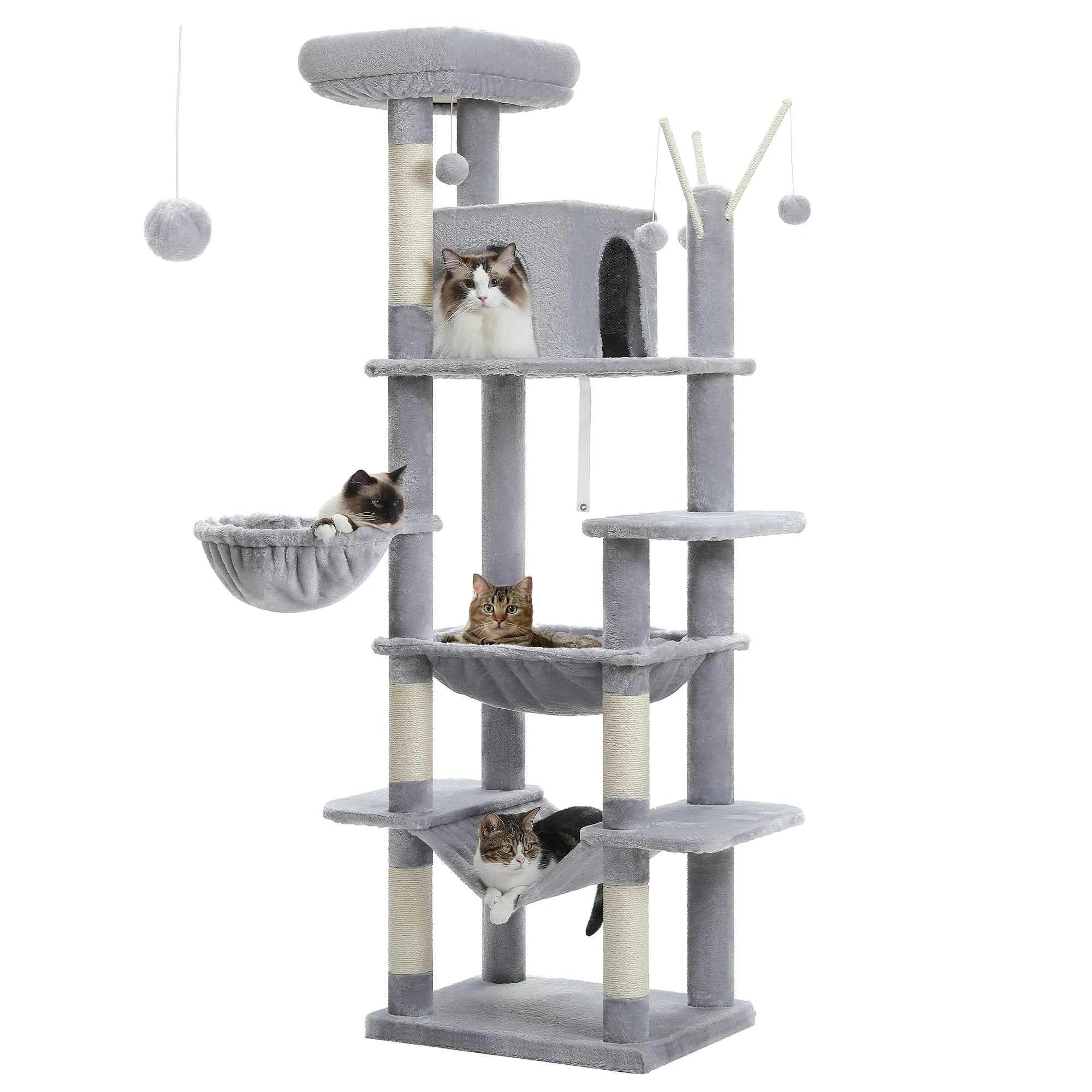 Gray cat tree with multi-level condos, curved hammock bed, scratching posts, and dangling toys