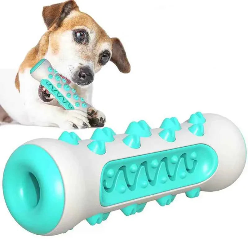 Teal and white rubber dental chew toy cylinder with spikes and wavy grip