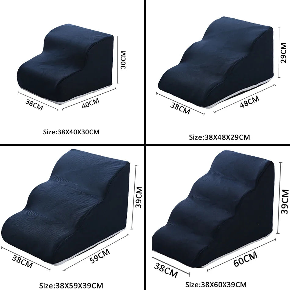 Dark blue pet ramp size chart with multiple lengths and heights