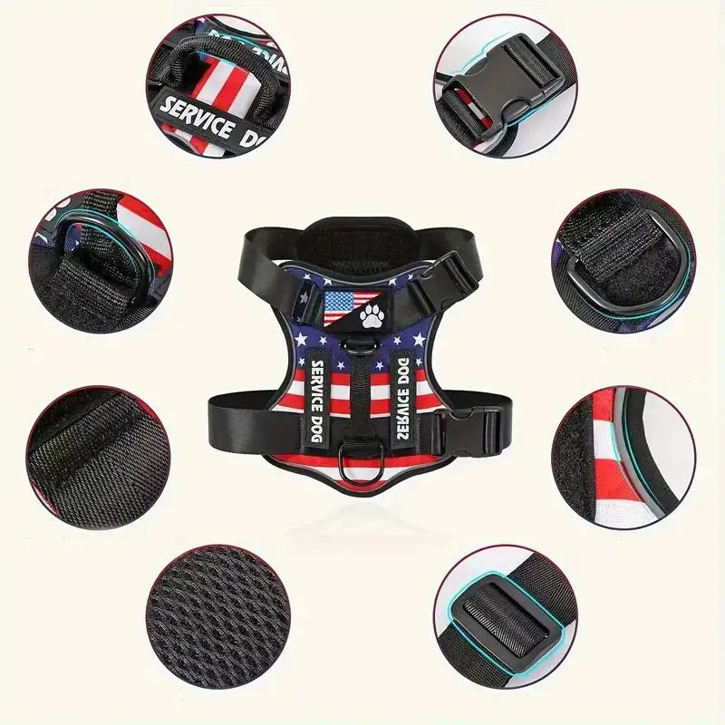 Dog harness and leash set with black vest and star-and-stripe design, detail views