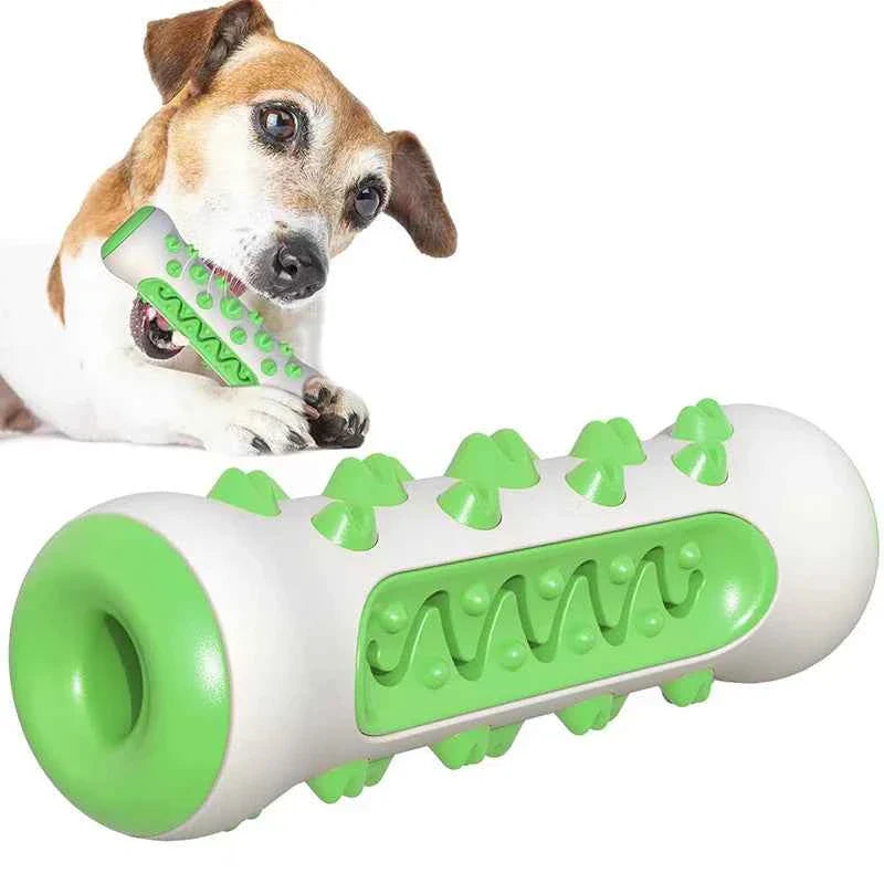 Green and white rubber dental chew toy cylinder; dog biting the textured ridges