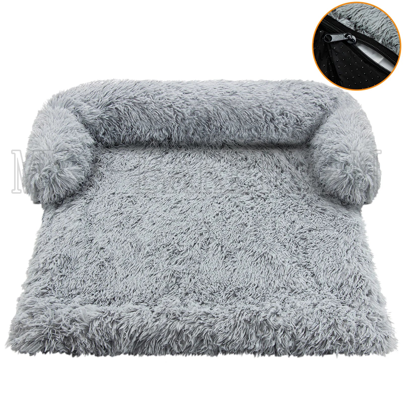 Dark gray plush blanket sofa cover with roll edges, zipper closure detail inset