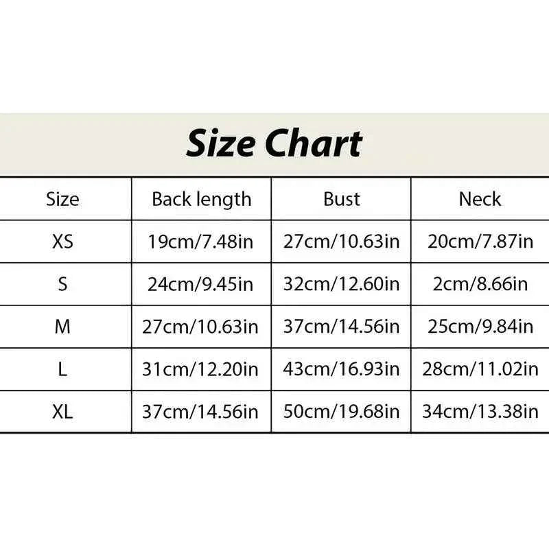 Size chart for pet hoodie: XS–XL back length, bust, and neck measurements
