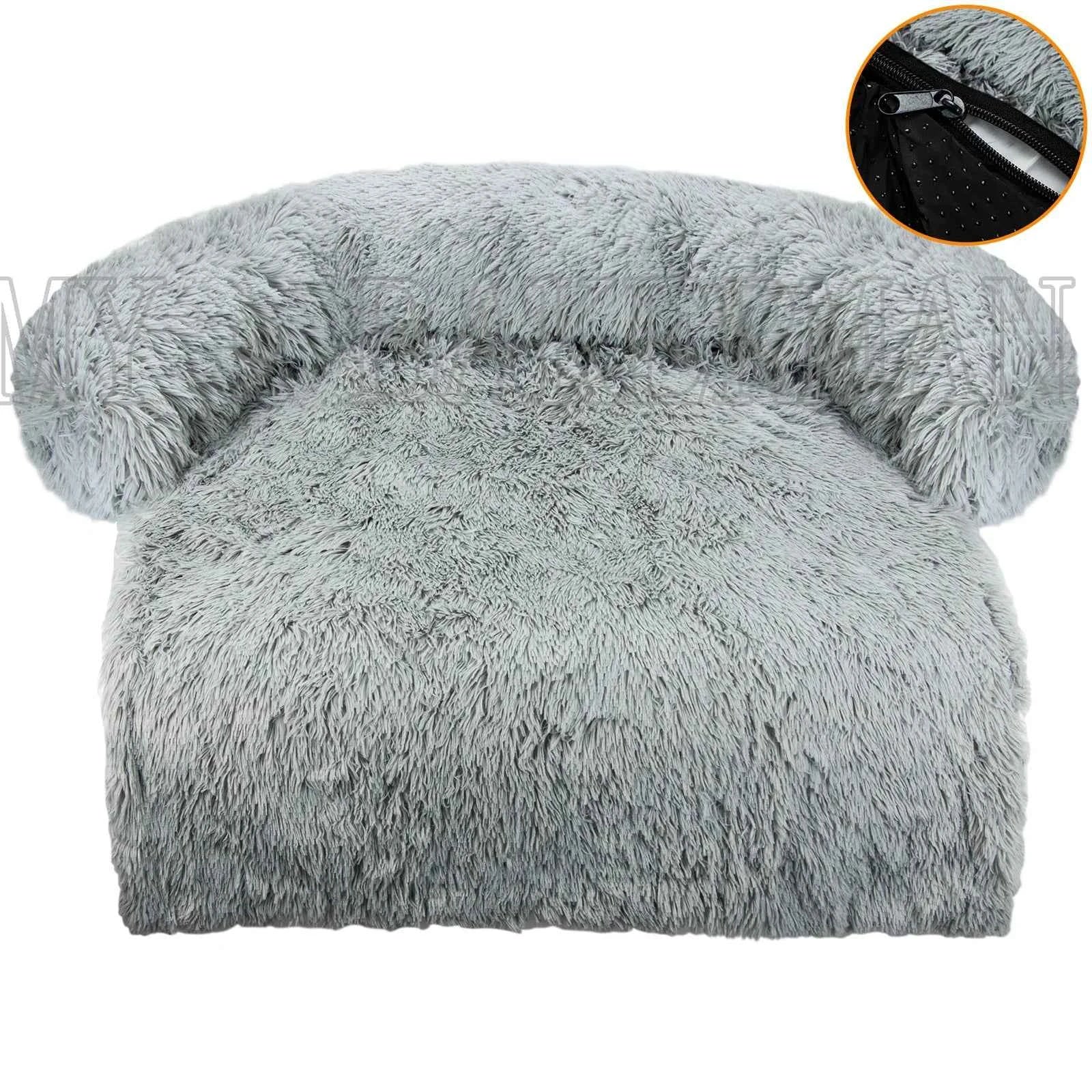 Light gray plush sofa-style dog bed with zipper closure and rounded side bolsters