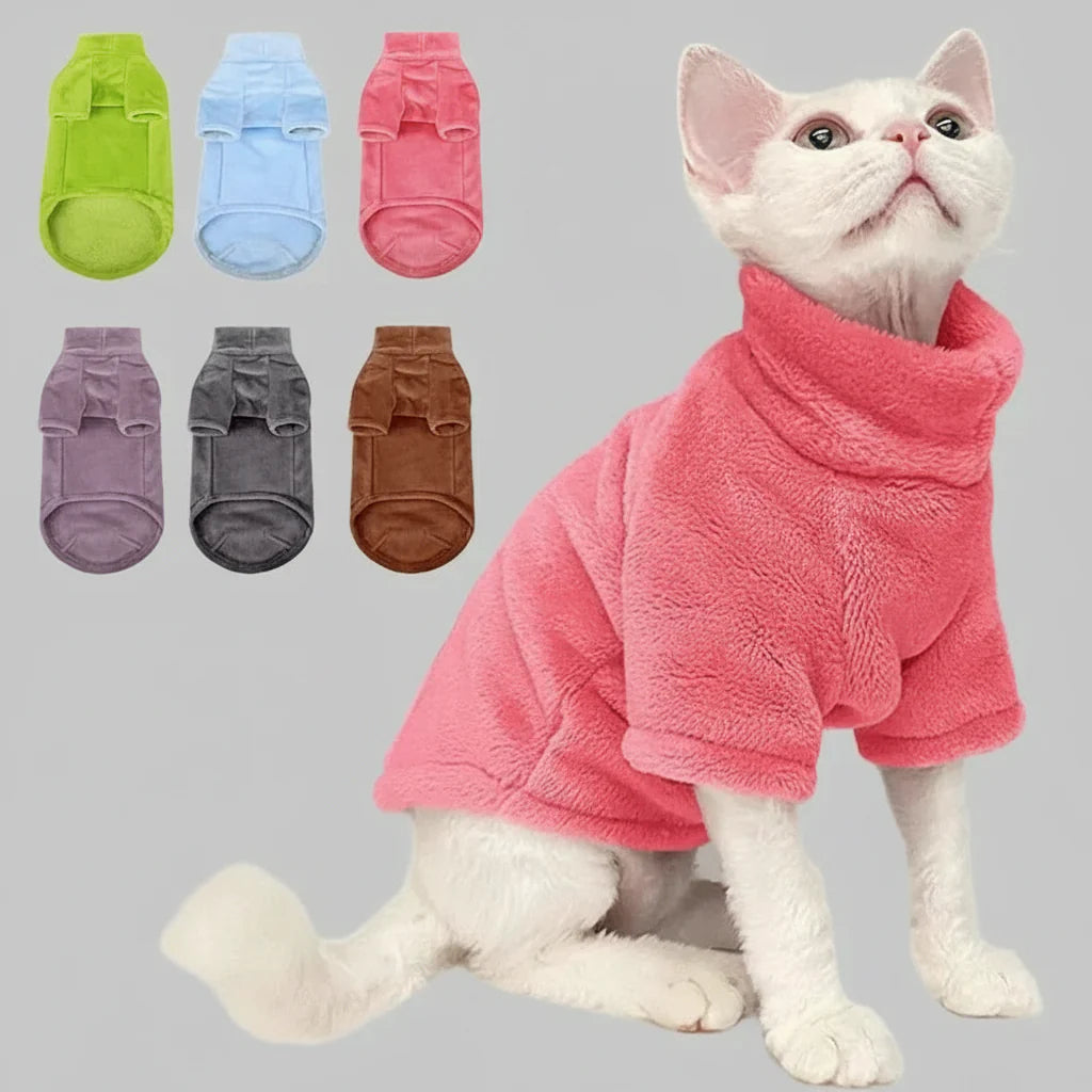 Pink turtleneck fleece cat sweater with covered arms and belly cut