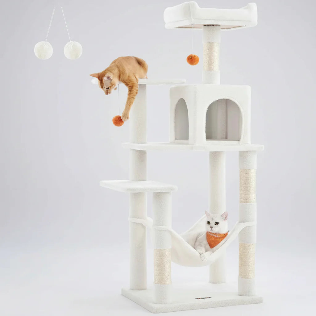 White cat tree tower with hammock swing, arched condo entrances, and vertical scratching posts