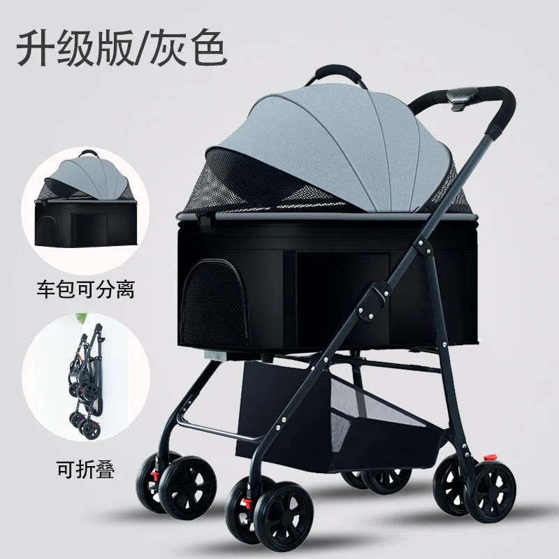 3-in-1 pet stroller carrier with light gray canopy and black base, four-wheel design