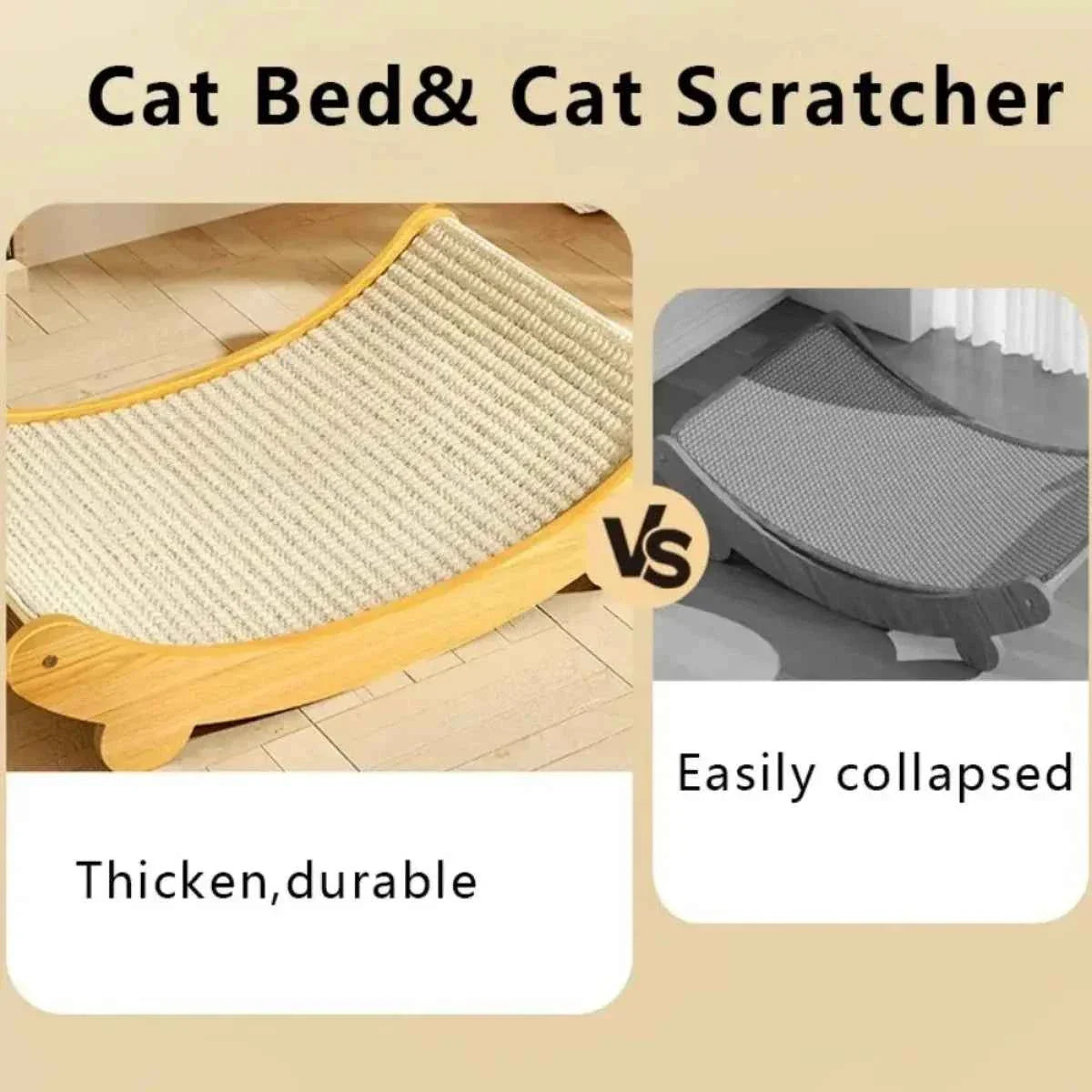 Cat scratch bed with curved wooden base and textured sisal scratching surface