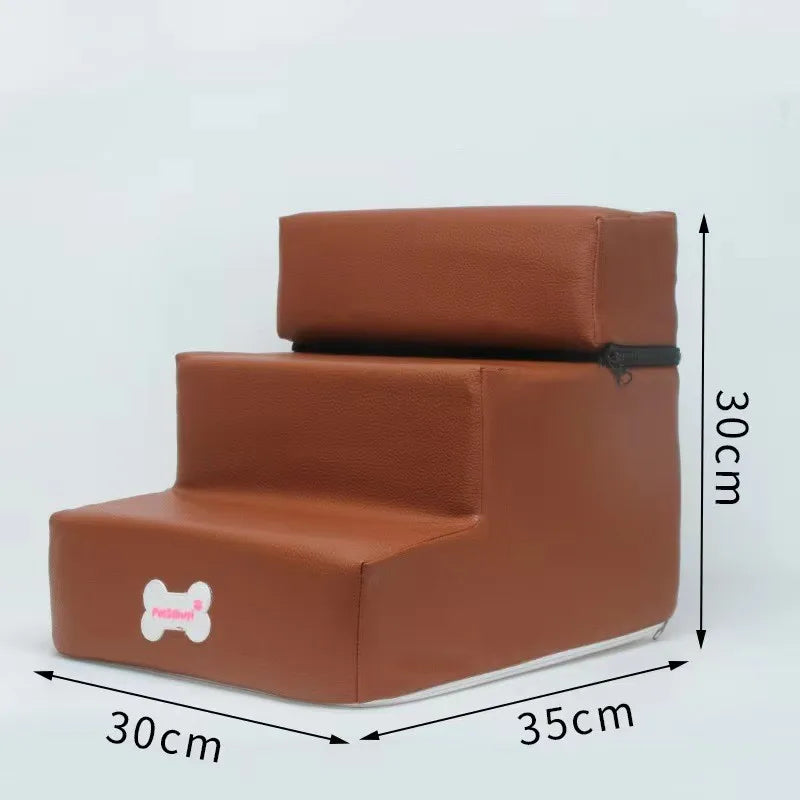 Brown 3-step pet stairs ramp with removable steps and non-slip base