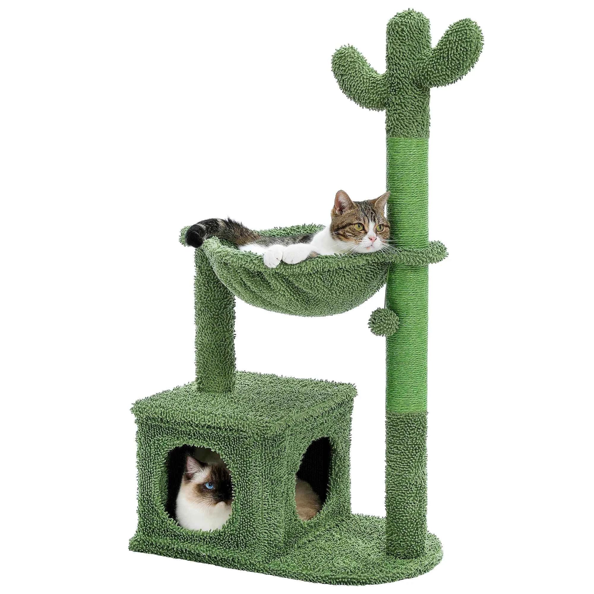 Green cactus cat tower with hammock and lower condo; cat lounging in hammock