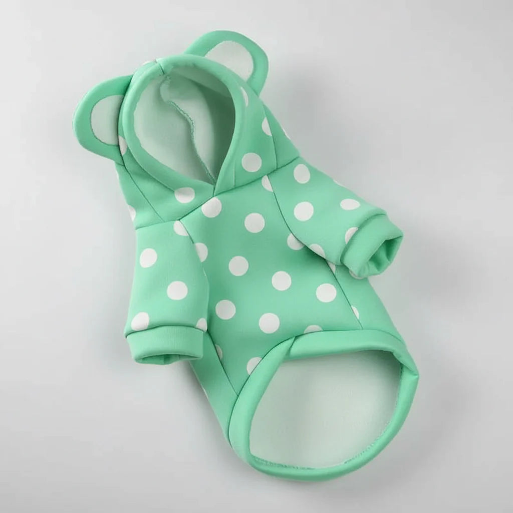 Green cat hoodie sweater with hood, pointed ears, and white polka-dot pattern
