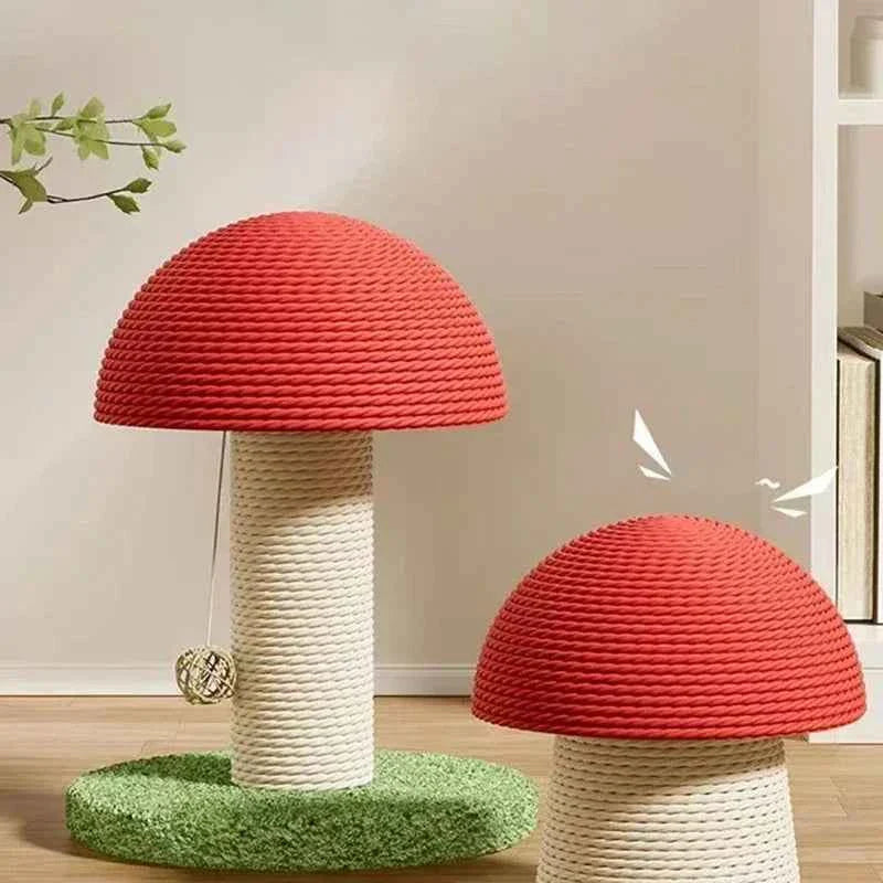Mushroom-shaped cat scratching board with red cap, beige sisal post, and green round base.