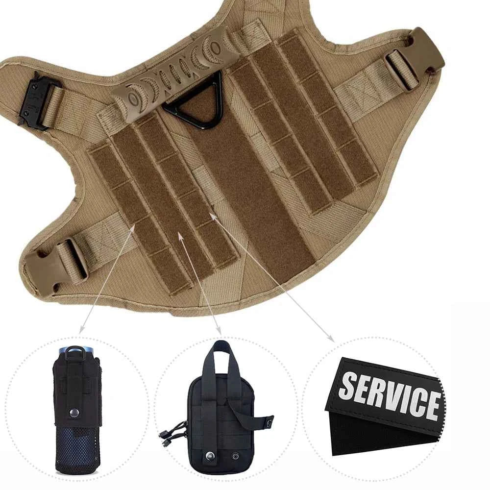 Tan tactical dog harness vest front panel with reinforced webbing and storage attachments