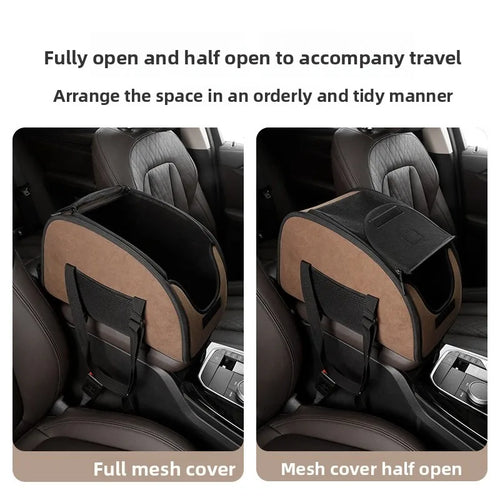 Car seat belt carrier with fully open and half-open mesh cover design