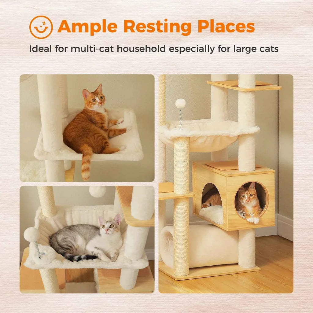Tall cat tower with cushioned beds, sisal posts, and a rounded entrance cube