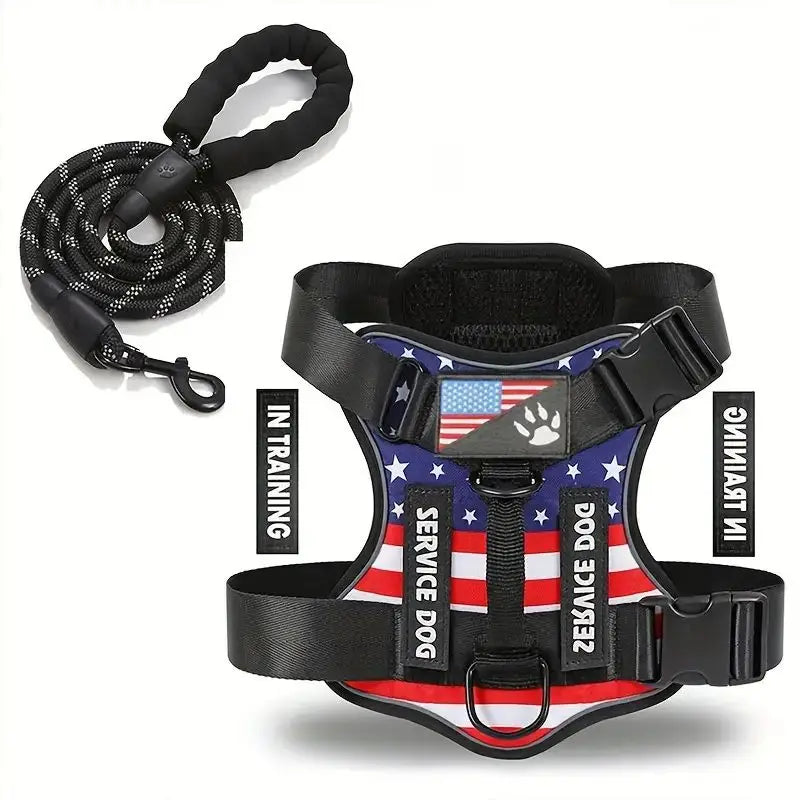 Black reflective dog vest harness with star-and-US flag panel and black leash rope