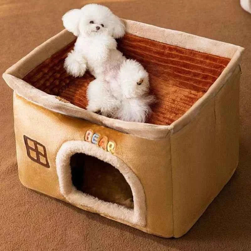 Brown pet castle house with plush arched doorway and removable striped top; dog inside