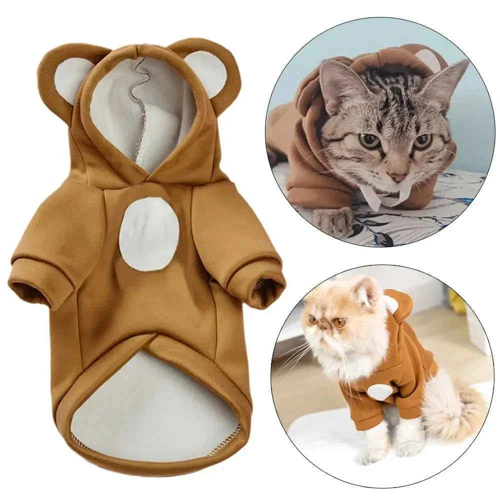 Brown cat hoodie sweater front view with hood, pointed ears, and white oval chest patch