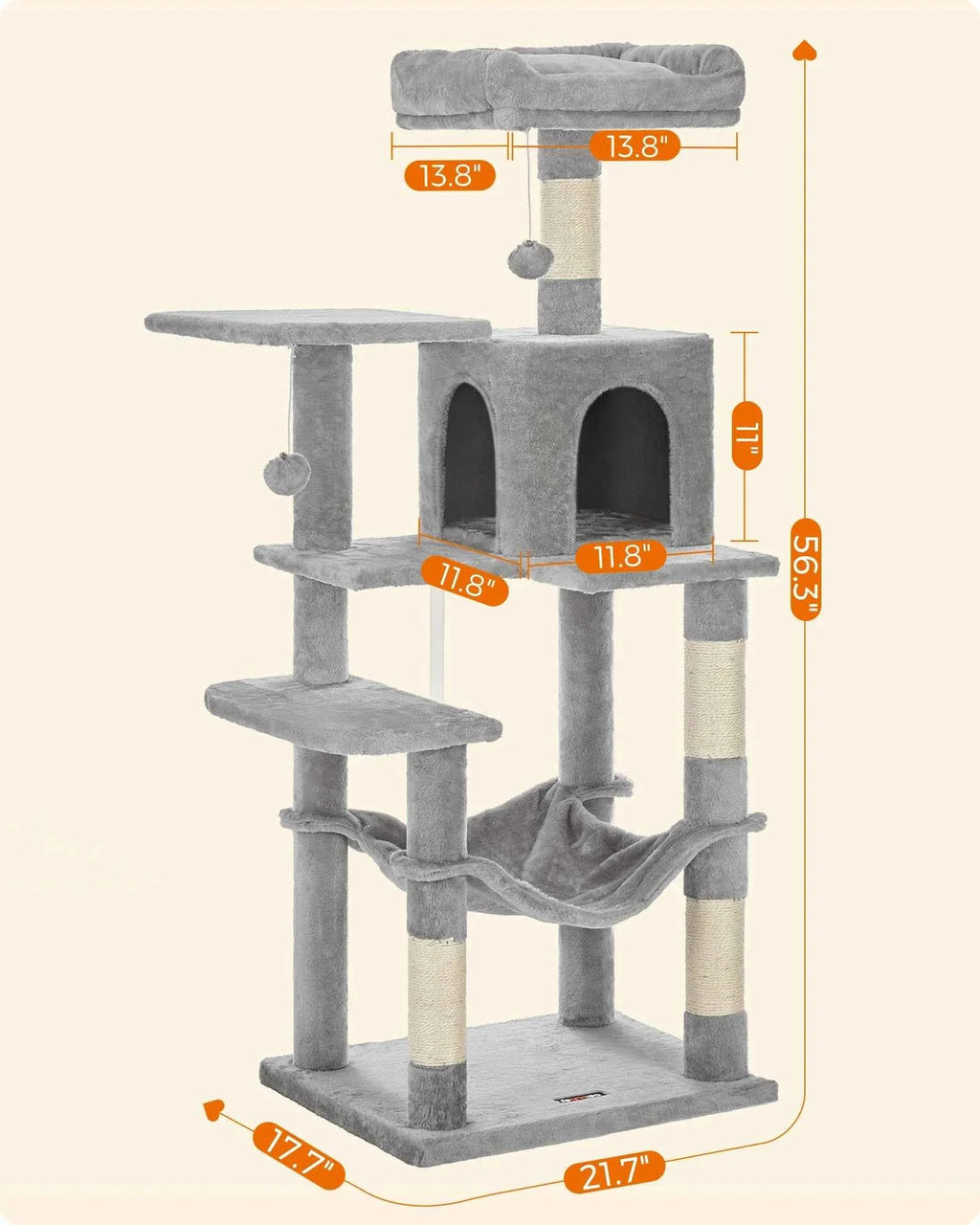 Gray multi-cat tree tower with top hammock, condo cubbies, and several scratching posts