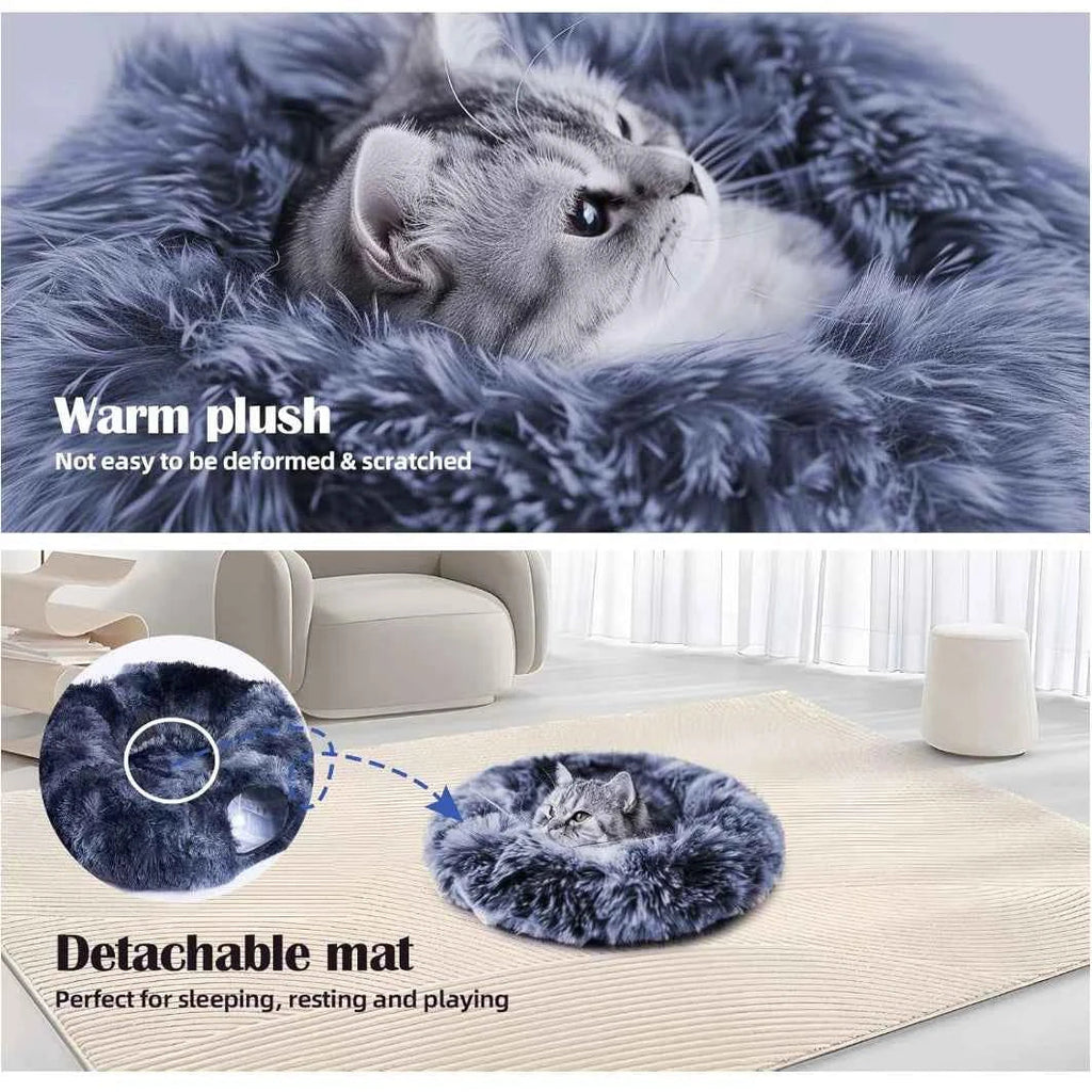 Blue-grey plush cat tunnel bed with detachable mat, loop opening, hanging ball