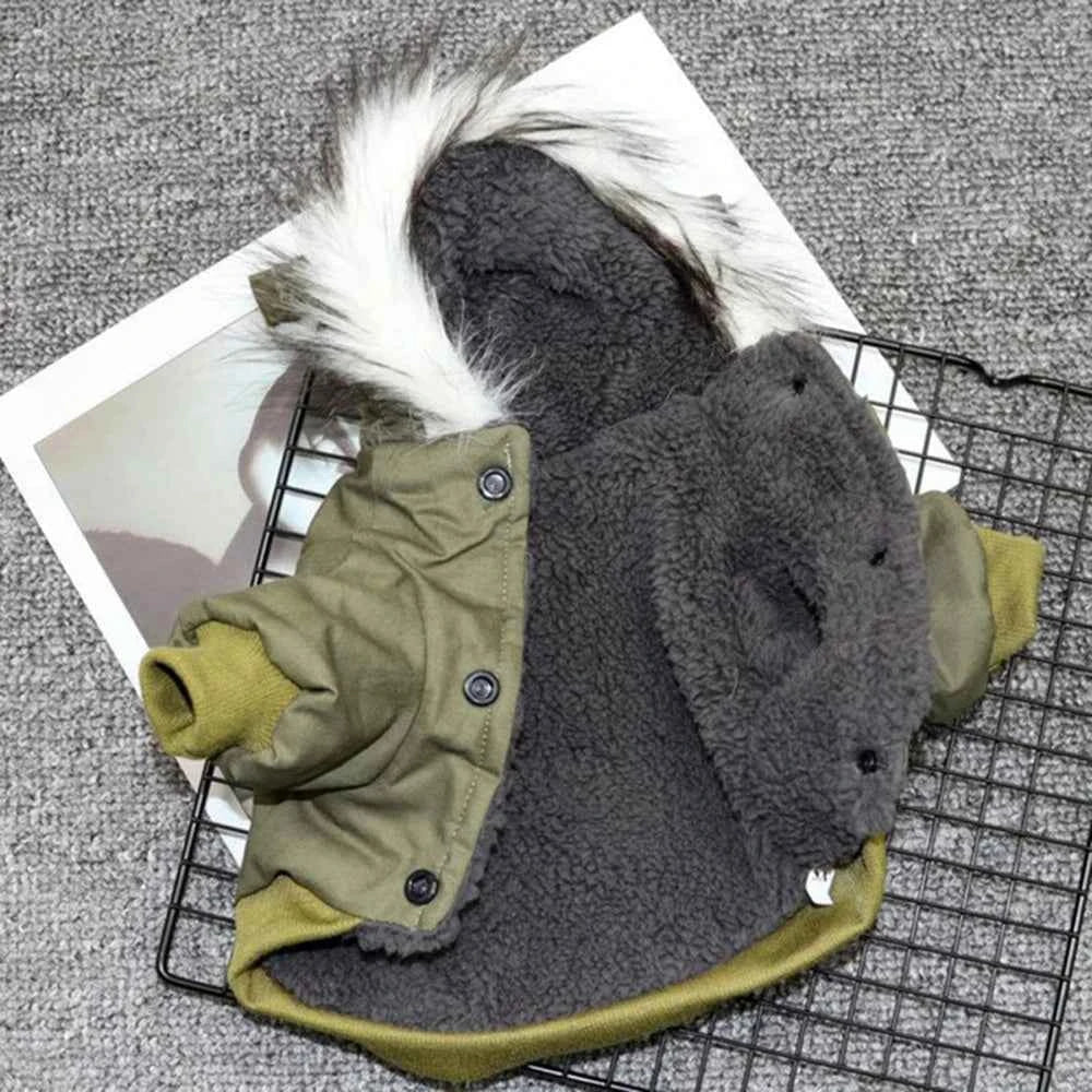 Olive dog coat with faux-fur hood, button placket, and built-in chest harness strap