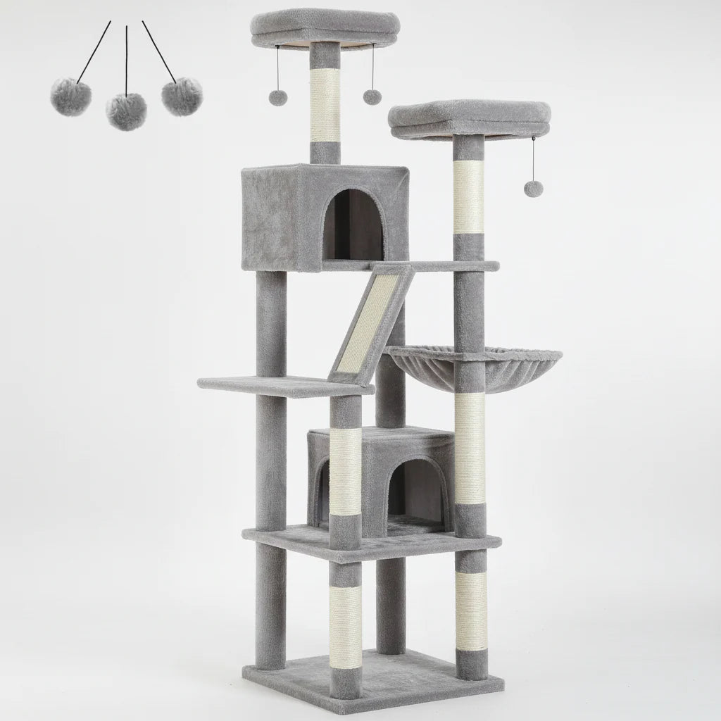 Light gray cat tree tower with top perch, side condo openings, scratching posts, and hanging balls