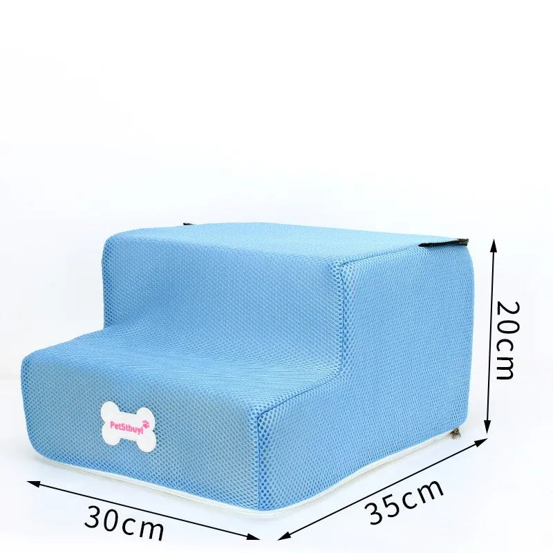 Two-step pet stairs in light blue fabric with pet paw tag and non-slip base