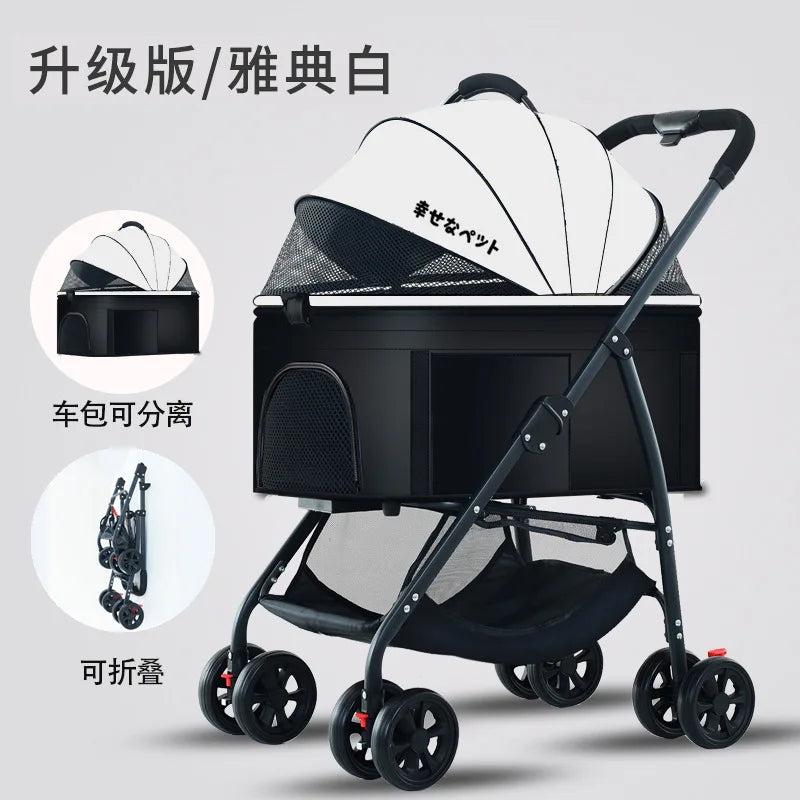 3-in-1 pet stroller carrier with white hood, black mesh panels, four wheels