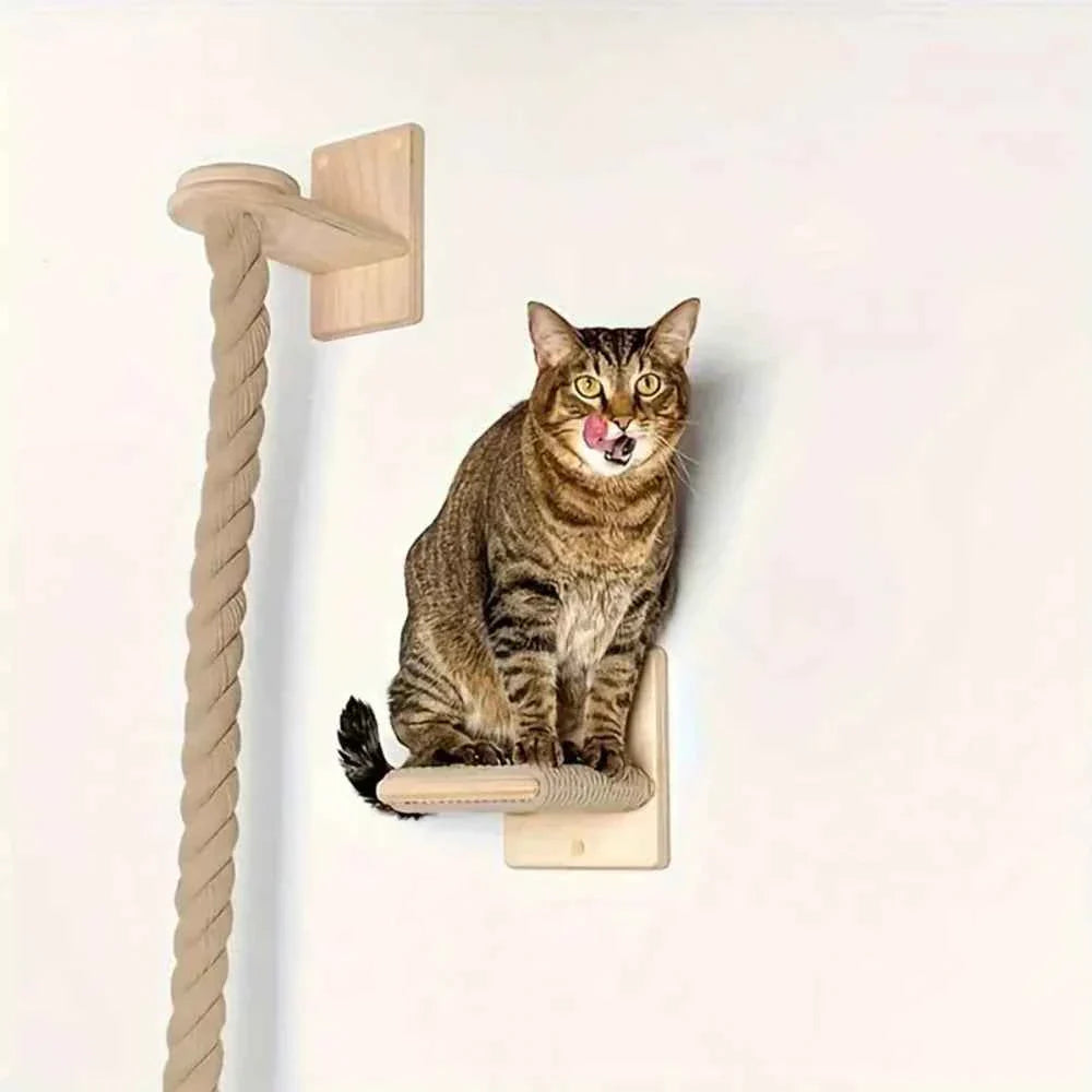 Wall-mounted climbing rope cat toy with sisal rope and square wooden pedal ledge