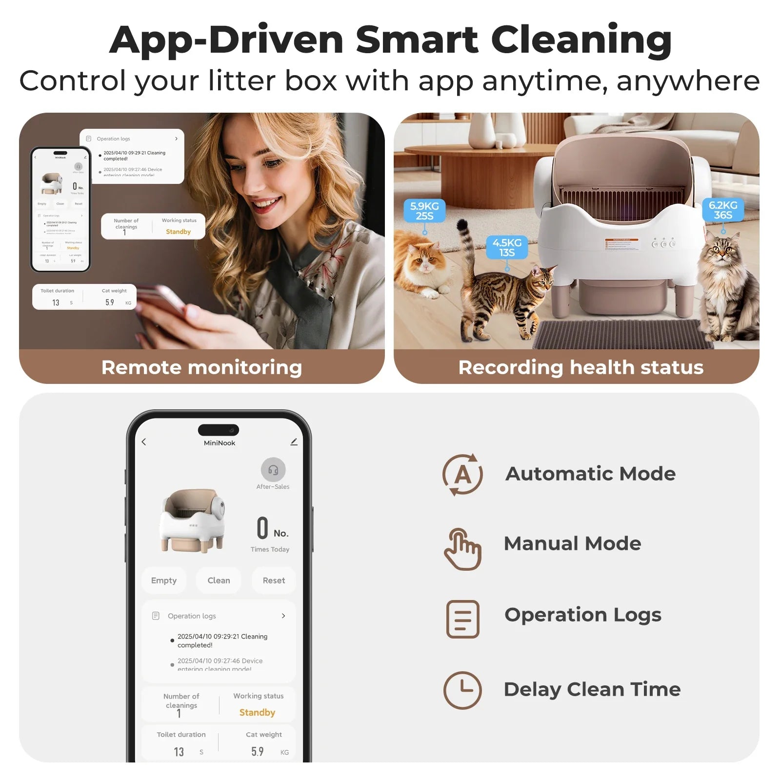White smart self-cleaning cat litter box with khaki interior, app monitoring on phone