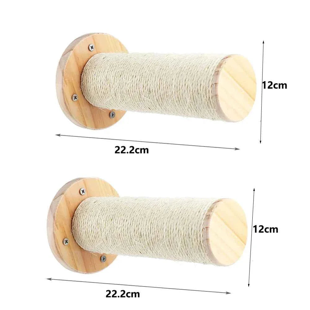 Sisal rope scratch arm with round wooden mount and measured dimensions (pair shown)