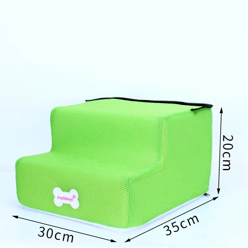 Two-step pet stairs in bright green fabric with pet paw tag and non-slip base