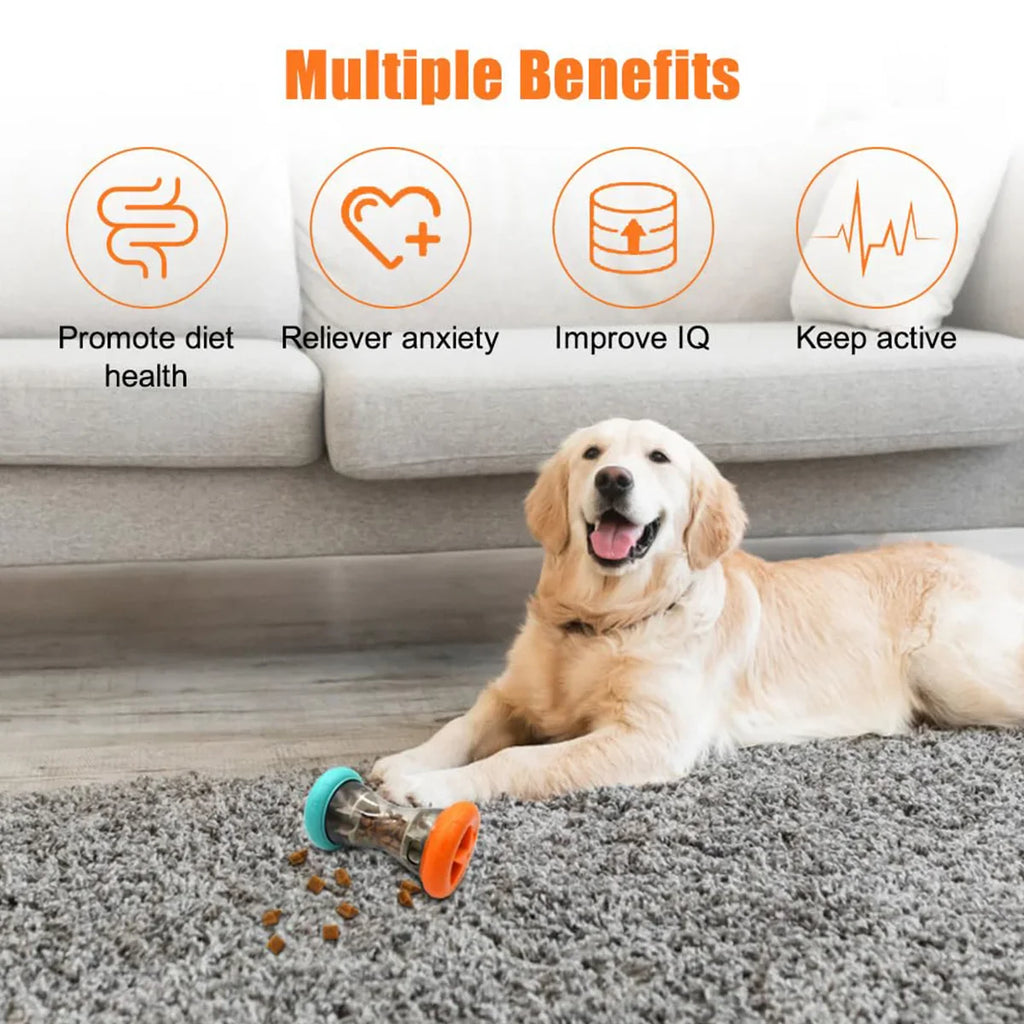 Teal and orange treat-dispensing dumbbell toy on the floor beside a dog