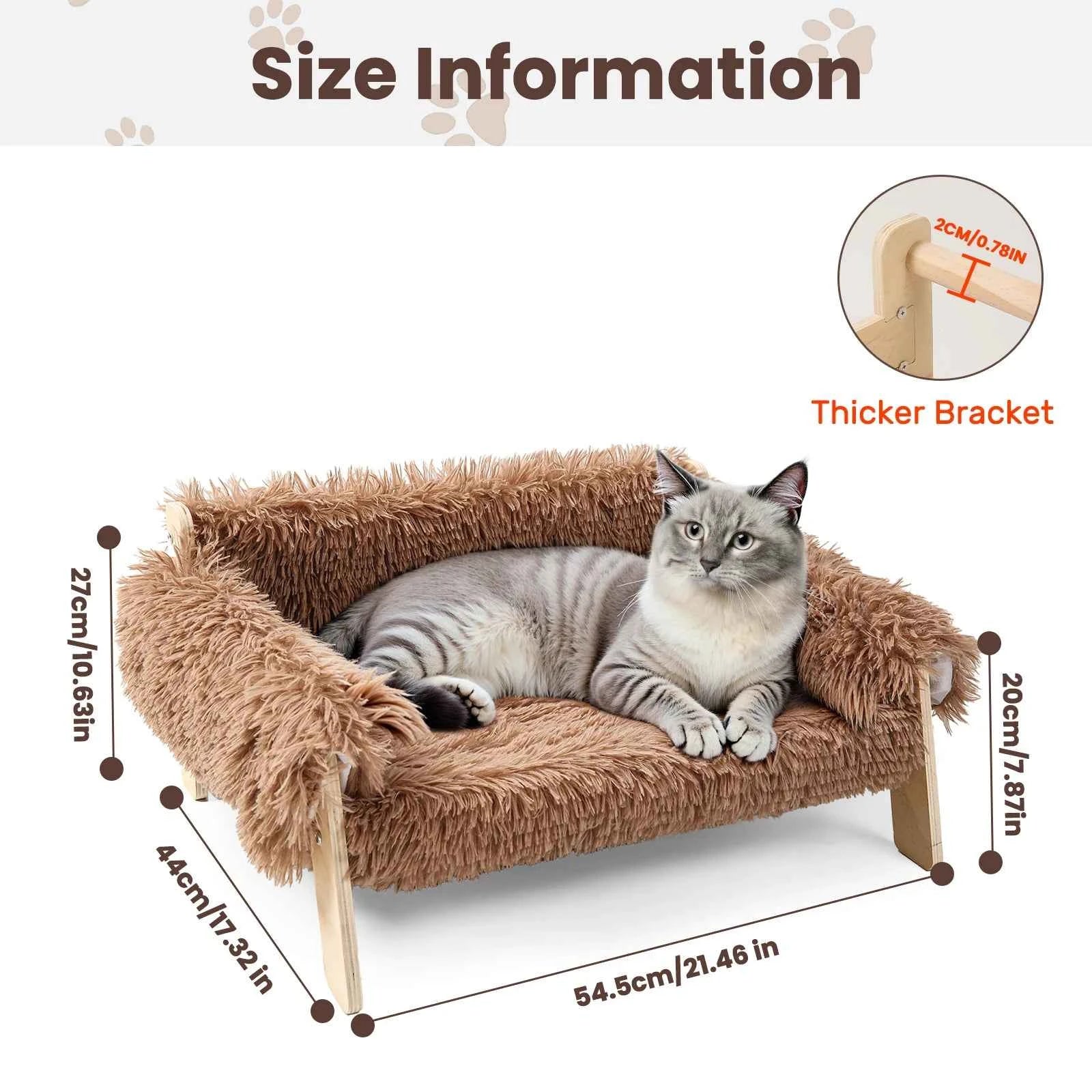 Brown plush raised pet sofa bed with wooden legs; gray-and-white cat resting inside