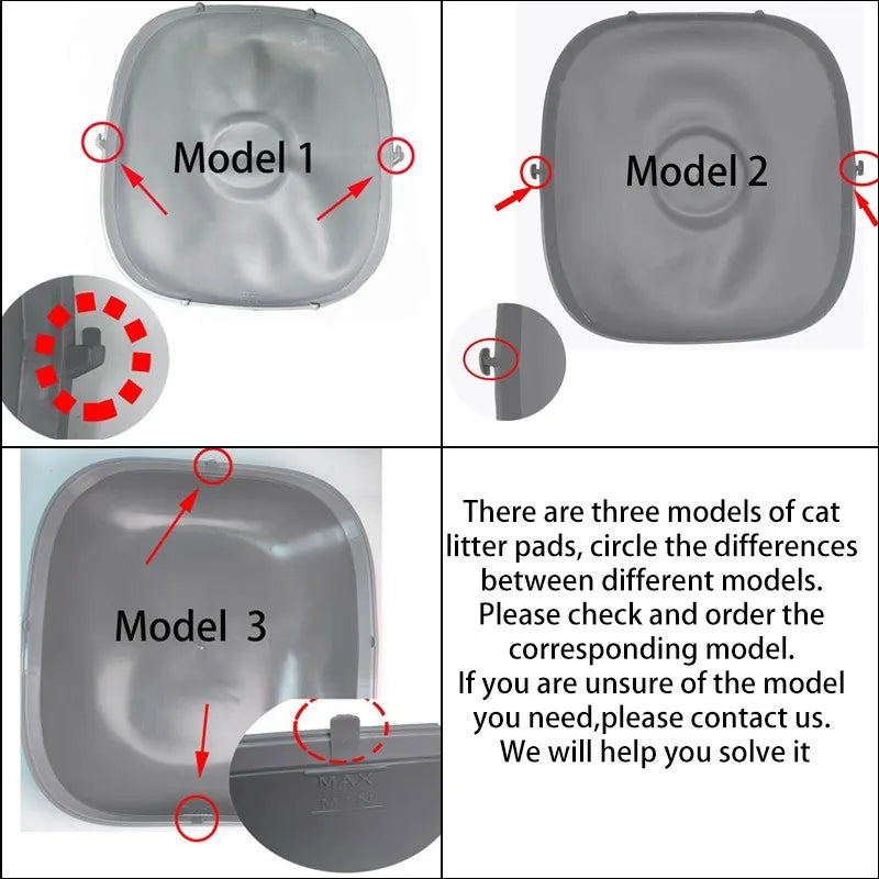 Cat litter pad models shown: Model 1, Model 2, Model 3 with different fittings