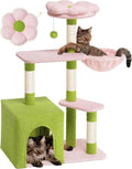 Green and pink cat tree: flower top perch, hanging ball, and pink hammock pad