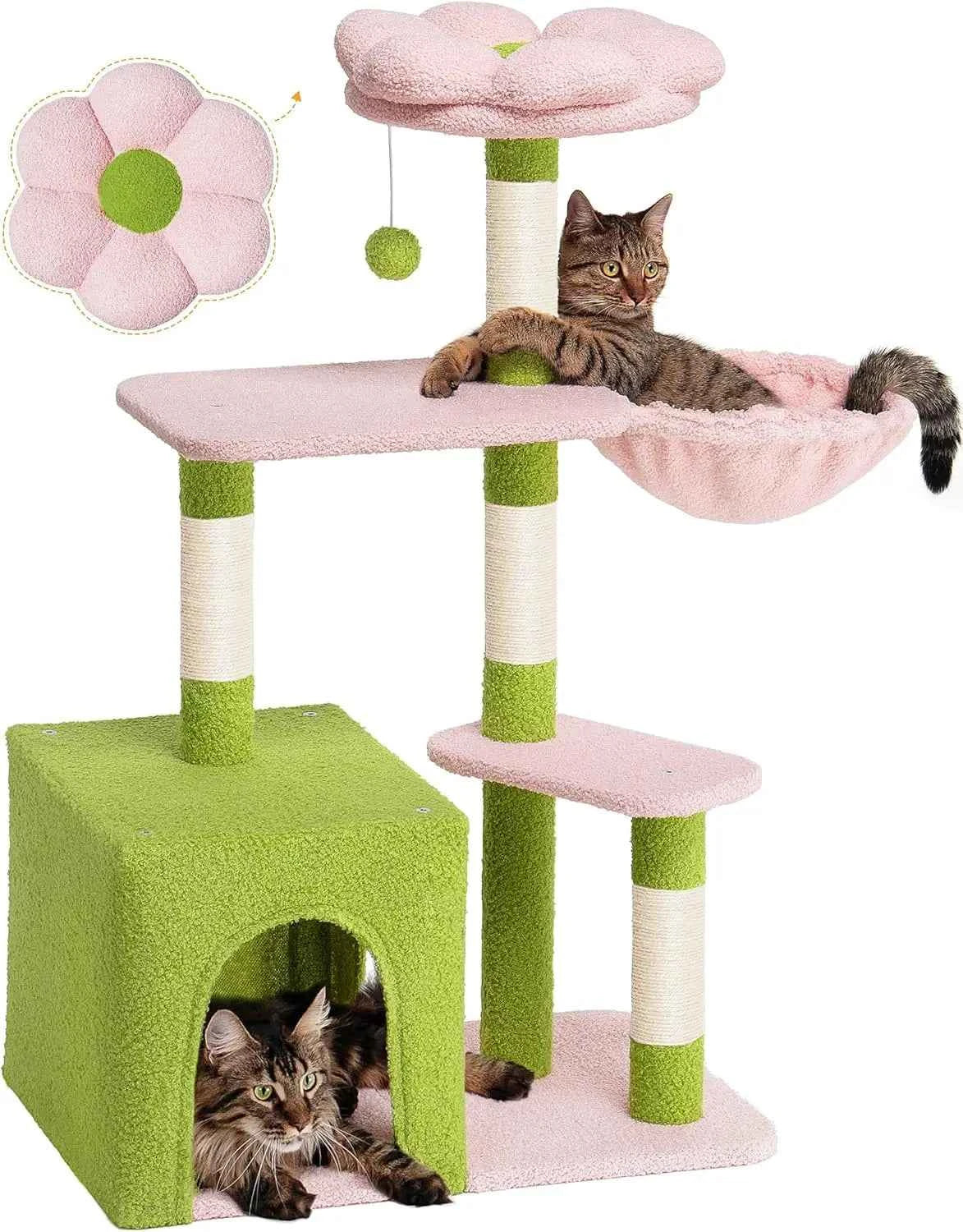 Green and pink cat tree: flower top perch, hanging ball, and pink hammock pad