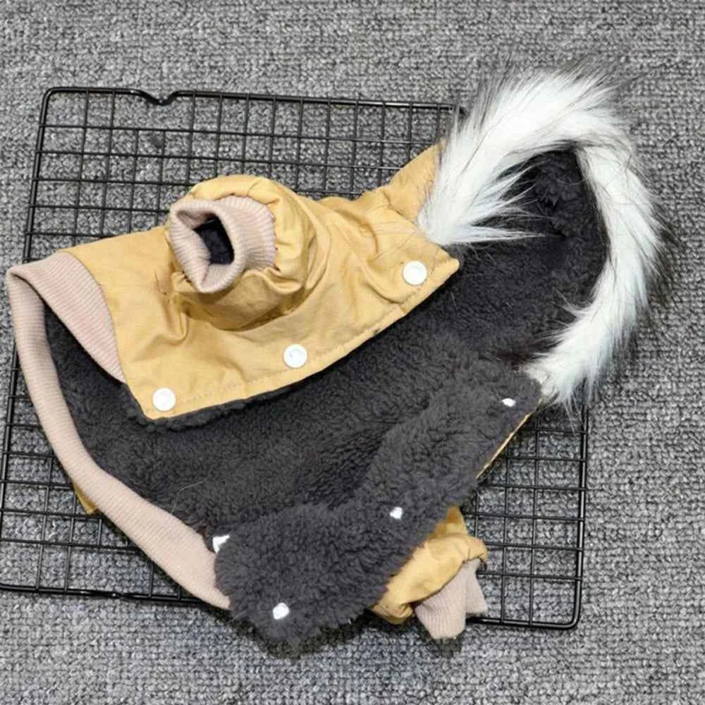 Khaki dog winter coat with faux-fur hood, button front, and built-in harness straps