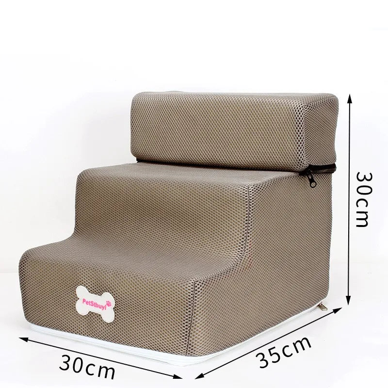 Three-step pet stairs in taupe textured fabric with zipper cover and non-slip base