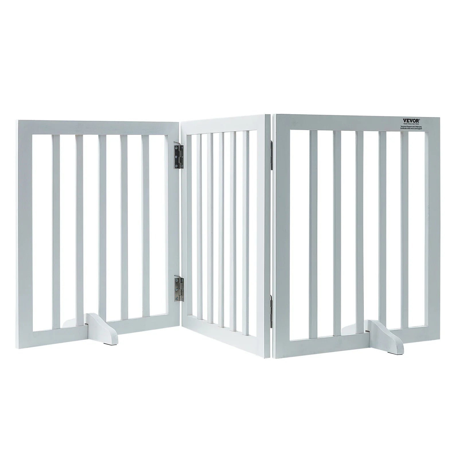Foldable wood pet gate, light gray/white 3-panel with vertical bars and side hinges