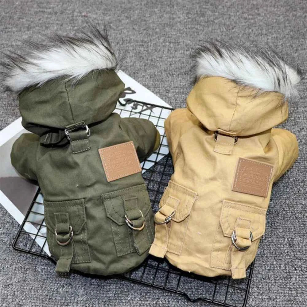Olive and khaki dog jackets with faux-fur hoods, chest harness straps, pocket snaps
