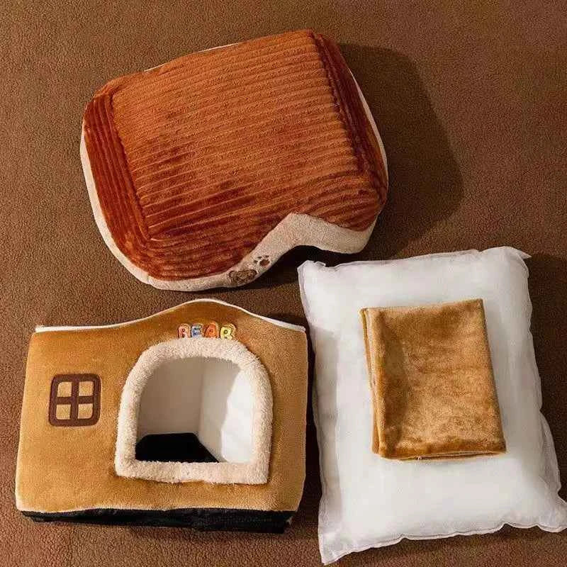 Brown and orange pet nest set with foldable castle bed, door opening, and spare cushion