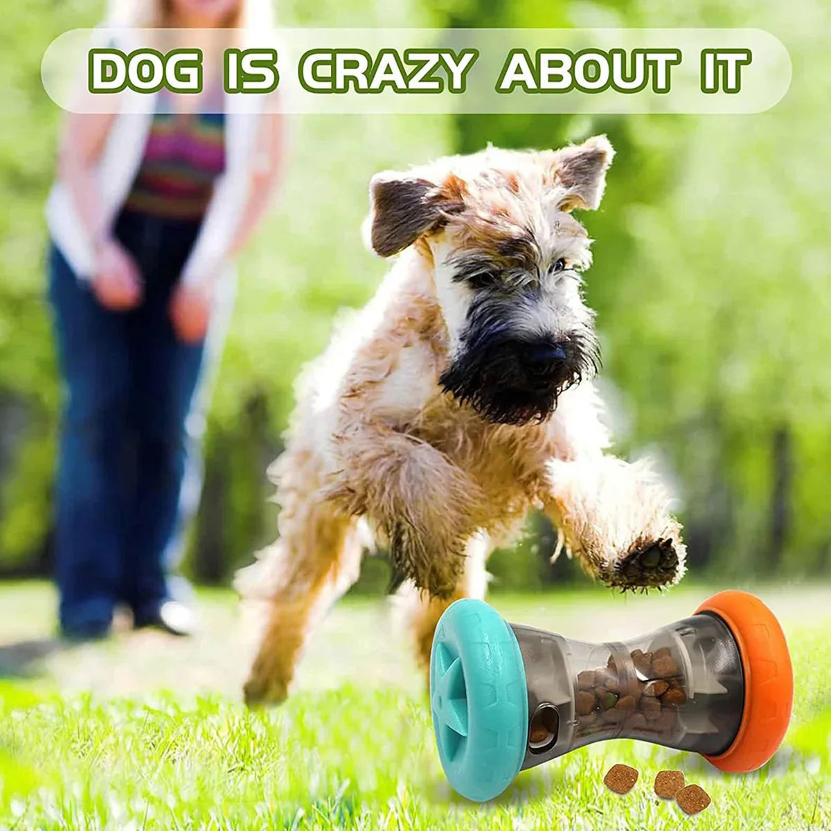 Teal and orange treat-dispensing dumbbell toy on grass in front of a running dog