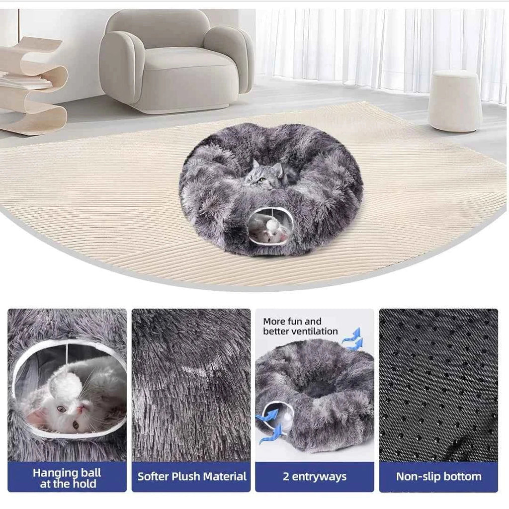 Dark grey plush cat tunnel bed with two openings and hanging ball toy