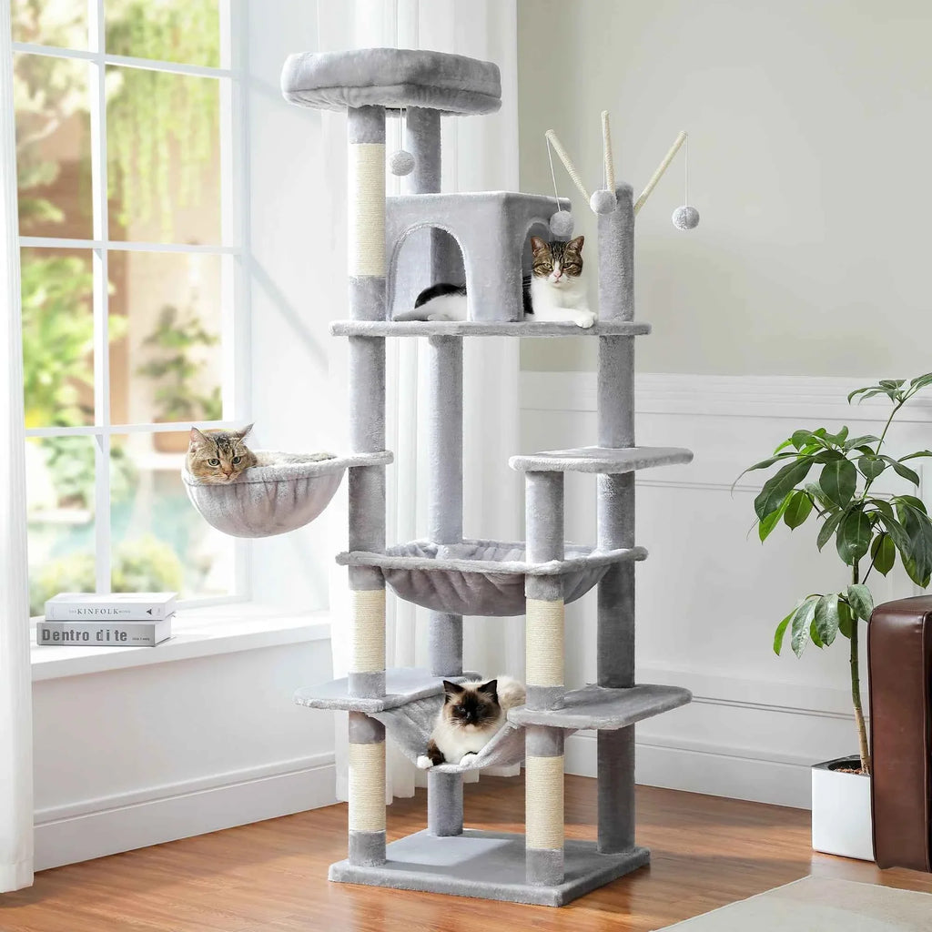 Grey cat tree tower with cushioned perches, loop-hanging toys, and multi-level scratching posts